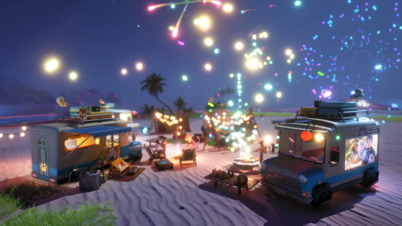 À noite, numa praia, um acampamento de motorhomes pessoais enfeitados com luzes quentes, fogueiras acesas e, no céu, fogos de artifício